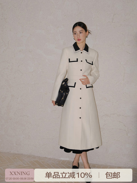 XXNING French contrasting lapel waist wool coat for women rich girl temperament small fragrance style long jacket