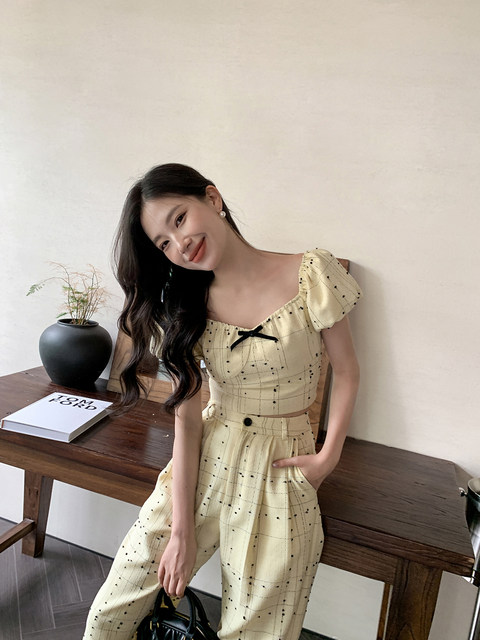 Xxning Tweed Style Sweet Girl Puff Sleeve Yellow Short Top Casual Pants Spring Casual Fashion Two-Piece Set