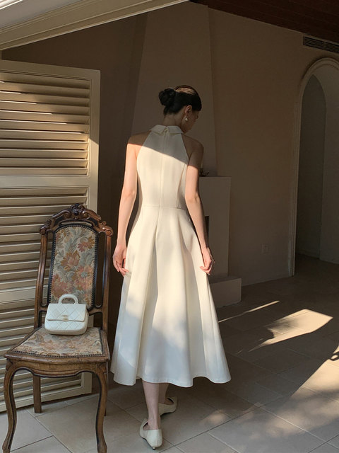 Xxning French-Style Halter Neck Small Stand Collar Waist-Cinching Dress for Women, Niche Design New Style Suit Collar Waist-Cinching Long Dress