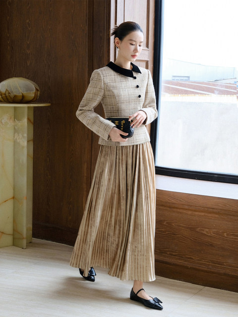 Xxning French-Style Pleated Printed Skirt for Women, New Winter High-Waisted Slimming A-Line Elegant Mid-Length Skirt