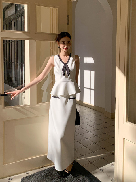 Xxning French-Style Contrasting Color Bow Tie Vest and Skirt Set for Women 2025 New Elegant and Stylish Two-Piece Set