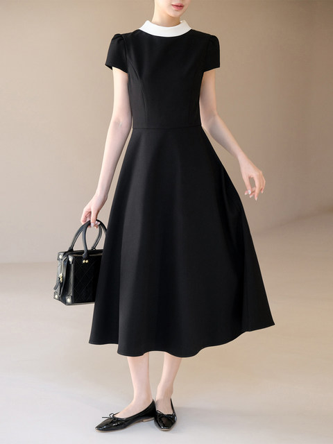 Xxning French-Style Color-Blocked Lapel Dress with Small Flutter Sleeves for Women, Autumn Niche Design, High-End Feel, Slimming Long Dress