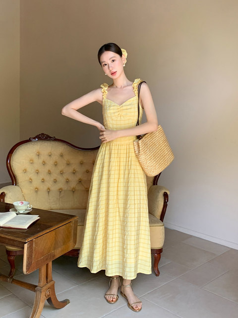 Xxning French-Style Ruffled Spaghetti Strap Dress for Women, Atmospheric Seaside Vacation Style Fairy Long Dress