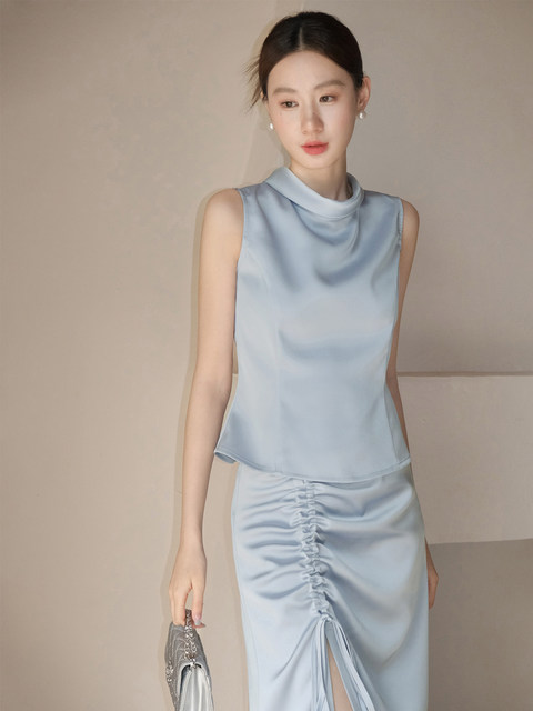 Xxning French-Style Turn-Down Collar Vest and Skirt Set for Women, Light Luxury, High-End Feel, Imitation Acetate Satin Two-Piece Set