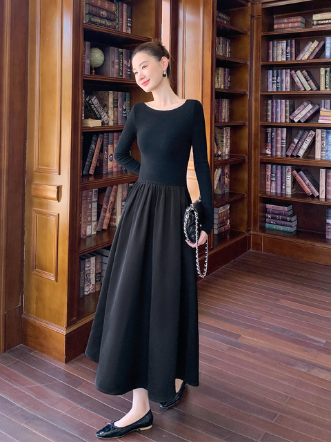 Xxning Hepburn-Style Patchwork Large Neckline Dress 2025 Spring and Autumn High-End Waist-Cinching Slimming Long Dress