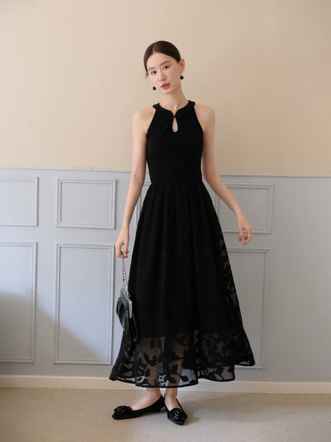 XXNING New Chinese style folding rose texture yarn neck dress for women's sleeveless vest skirt A-line knitted long skirt