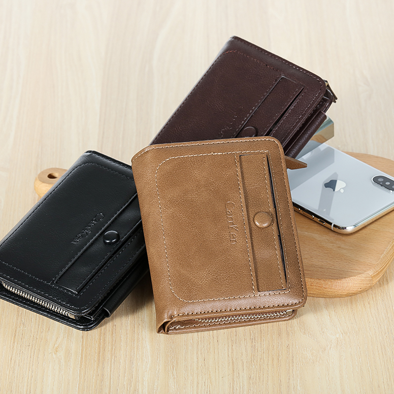 2021 new retro simple men's short wallet large-capacity multi-card zipper buckle coin clip three fold tide