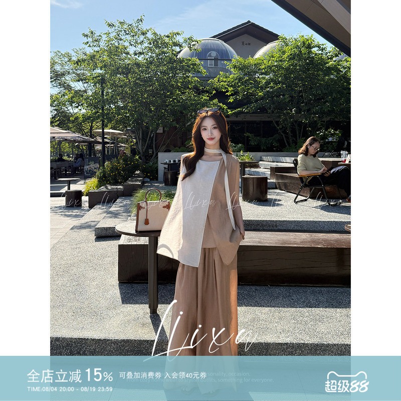 Liixu Summer Korean Style Cool Outfit Unique Layered Sleeveless Top with Drapey Wide-Leg Pants Slimming Two-Piece Set Liixu Summer Korean Style Cool Outfit Unique Layered Sleeveless Top with Drapey Wide-Leg Pants Slimming Two-Piece Set