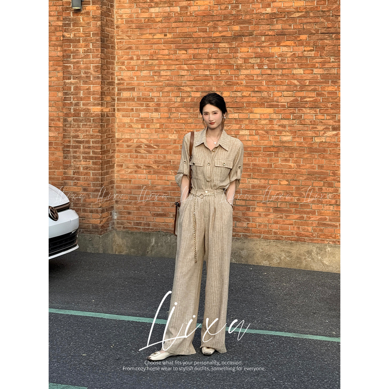 Liixu Early Autumn Old Money Style Commuter Suit for Women, Elegant Casual Shirt, High-Waisted Slimming Wide-Leg Pants Two-Piece Set