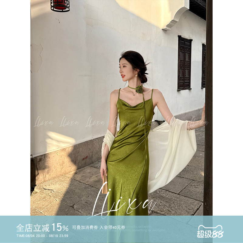 Liixu Summer Stunning Dress for Women, New Chinese Style, Gentle Temperament, Waist-Cinching, Slimming, Vacation Style, Spaghetti Strap Long Dress Liixu Summer Stunning Dress for Women, New Chinese Style, Gentle Temperament, Waist-Cinching, Slimming, Vacation Style, Spaghetti Strap Long Dress