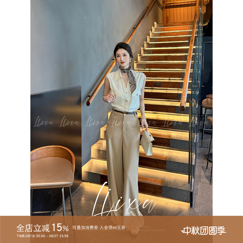 Liixu Summer Old Money Style Suit for Women, Elegant and Sophisticated Sleeveless Vest Shirt with Drapey Wide-Leg Pants Two-Piece Set