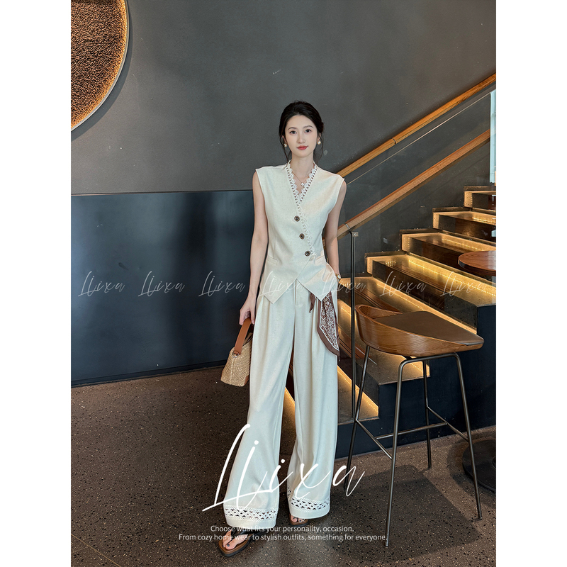 Liixu Summer Style Old Money Style Commuter Suit, Light Luxury Lace-Trimmed Sleeveless Vest and Wide-Leg Pants, Slimming Two-Piece Set