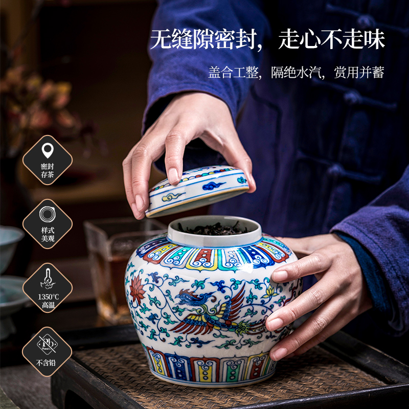 Jingdezhen ceramic color bucket hand - made of blue and white porcelain high - end pu 'er tea pot archaize storage tank is sealed with cover household