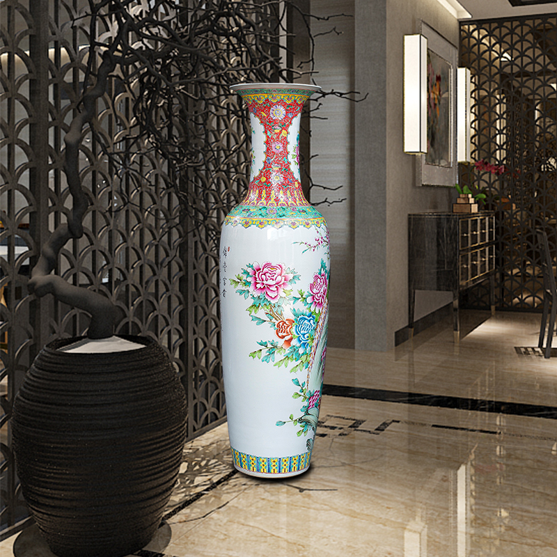 Jingdezhen ceramics pure hand draw pastel big vase furnishing articles antique Chinese style living room floor decoration home decoration