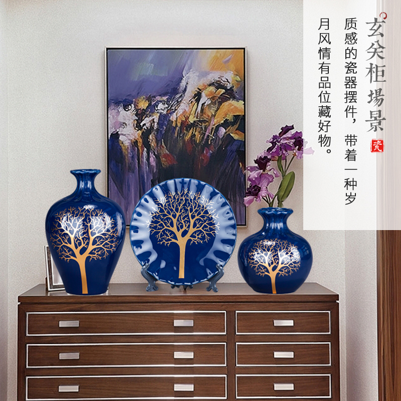 Jingdezhen ceramics glaze blue three - piece vase of modern Chinese style living room TV ark, furnishing articles home decoration