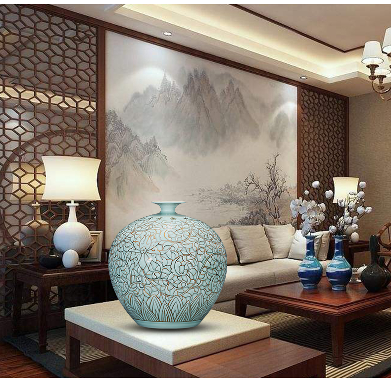 Jingdezhen ceramics vase shadow carving paint pomegranate bottles of Chinese style living room decoration office furnishing articles