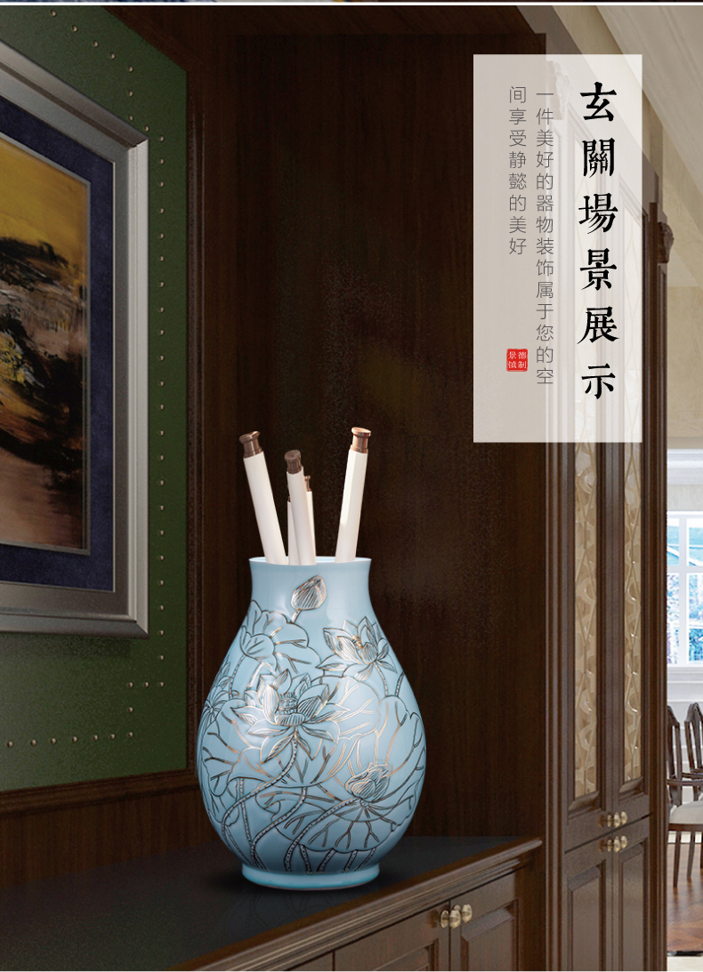 Jingdezhen ceramics vase furnishing articles shadow blue see colour tube of new Chinese style living room flower arrangement home decoration arts and crafts