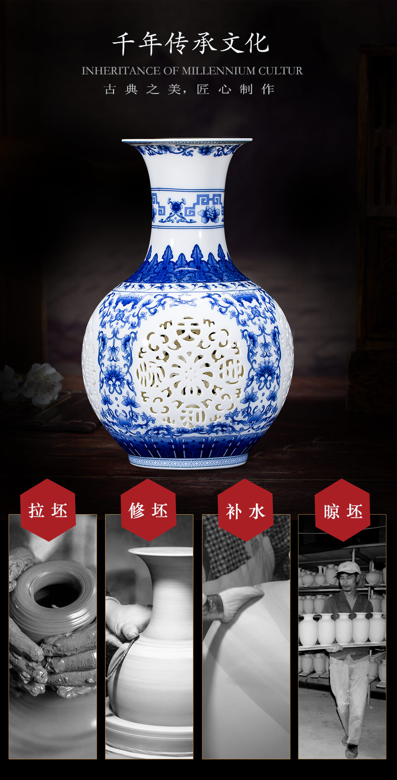 Jingdezhen ceramics hollow - blue and white porcelain vases, flower arrangement of modern Chinese style household wine sitting room adornment is placed