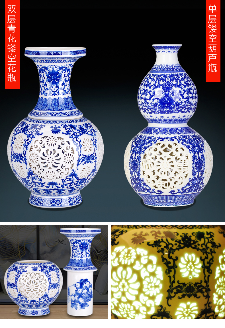 Blue and white porcelain vase of jingdezhen ceramics furnishing articles sitting room adornment rich ancient frame decoration of the new Chinese style household flower arrangement