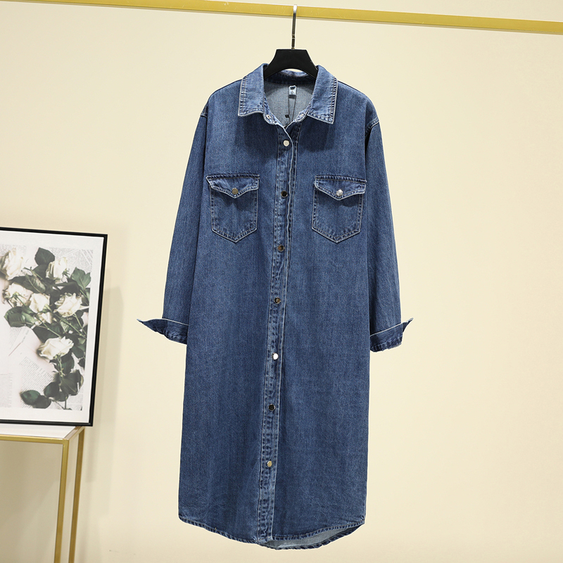European and American Fashion Over-The-Knee Extended Denim Shirt for Women Autum New Loose Blue Windbreaker Western Style Top Jacket