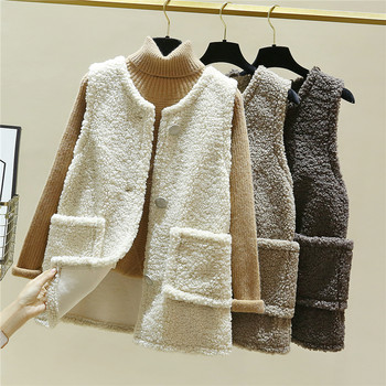 Round collar lambswool vest women's autumn and winter new loose outerwear fur vest mid-length coat women's vest