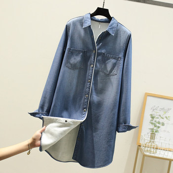 Autumn and winter fleece mid-length Tencel denim shirt women's long-sleeved thick casual thermal shirt large size loose coat