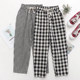 Summer new black and white plaid casual pants women's thin elastic waist cotton linen small straight harem nine-point pants women's wide legs