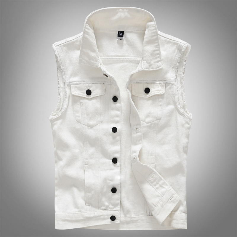 Trendy Men's Spring, Summer and Autumn Denim Vest, White Original Casual Vest, Handsome Slim Fit Large Size Youth Vest