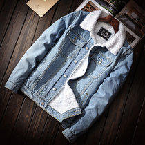 Trendy Men Winter Gush Thickened Denim Jacket Heft Lamb Wool Jacket Youth Cotton Jersey Big Code Blouse