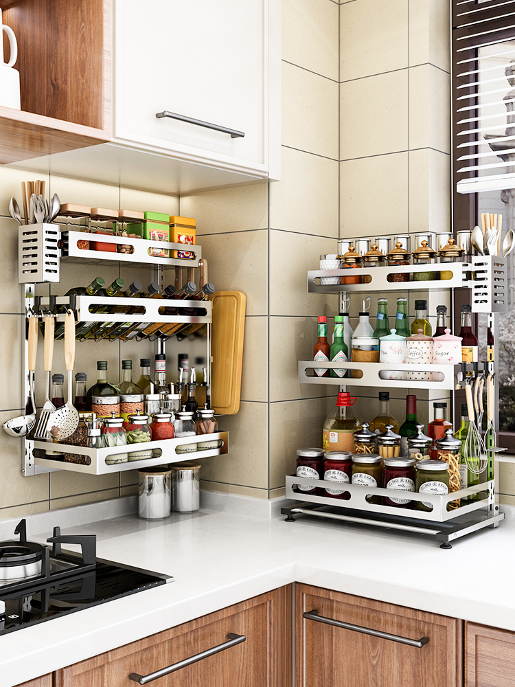 304 stainless steel kitchen shelf seasoning tank rack Wall-mounted multi-functional condiment seasoning storage layer shelf