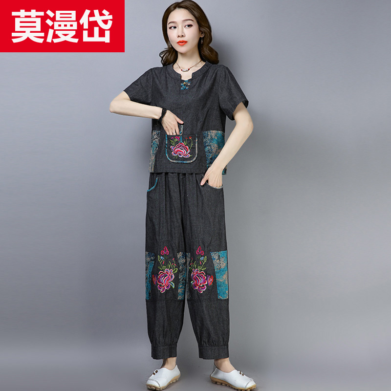 Quốc gió Tang phù hợp với cô gái hàng ngày retro Trung Quốc mùa hè gió váy cotton ngắn tay đầu quần rộng chân hai mảnh bộ