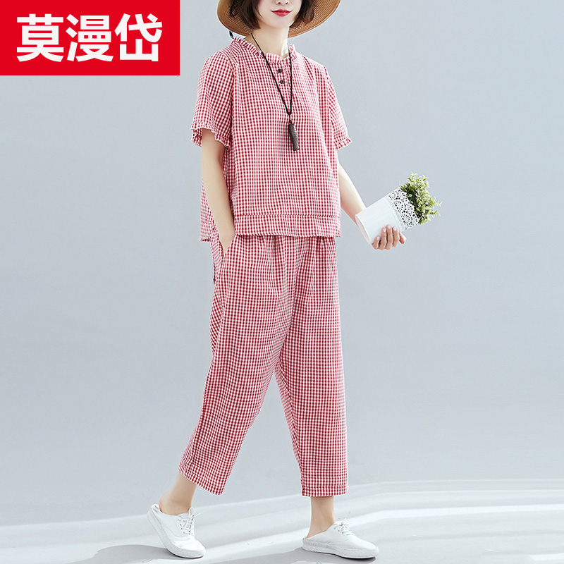 Plaid suit Summer national wind Large size cotton numb retro T-shirt Harun pants loose casual linen Two sets of women