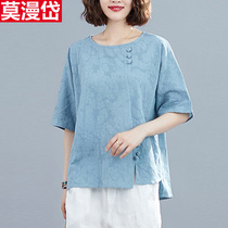 Fat mm belly covered cotton linen coat female summer new Korean mother foreign style loose size linen short sleeve t-shirt