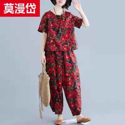 Cotton linen suit women Summer ethnic style big size loose retro print short sleeve T-shirt Haren pants linen two-piece set