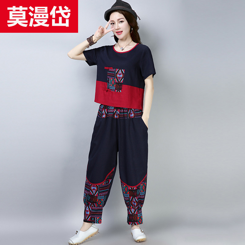 Trung Quốc Tang phù hợp với cô gái mùa hè váy phong cách retro quốc gia lanh bông áo khoác ngắn loose-fitting quần âu hai mảnh bộ