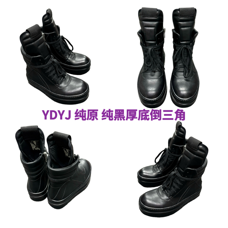 Ydyj Rick Ro Pure Black Thick-Soled Inverted Triangle Independent Main Line Leather Surface Milk-Scented Sole High Street High-Top Shoes Owen