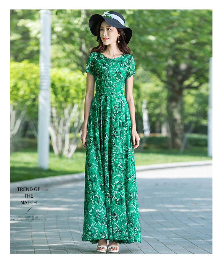 2018 mùa hè mới mùa mỏng giảm béo khí lady vòng cổ big Slim xanh in bãi biển dress dài váy váy đi biển cho người thấp