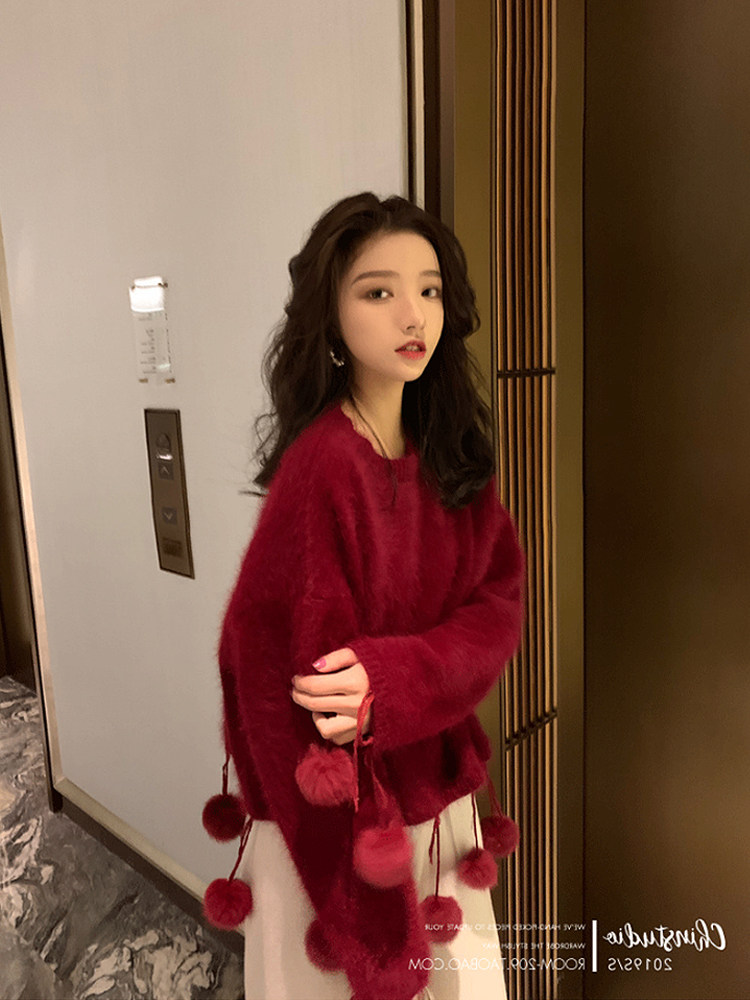 2022 Winter new round - leads Soviet Marine Red Sweater woman loose Christmas sweet mink coat