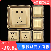 New Chinese style brass gold switch retro American style socket panel wall five-hole metal imitation high-end 2023