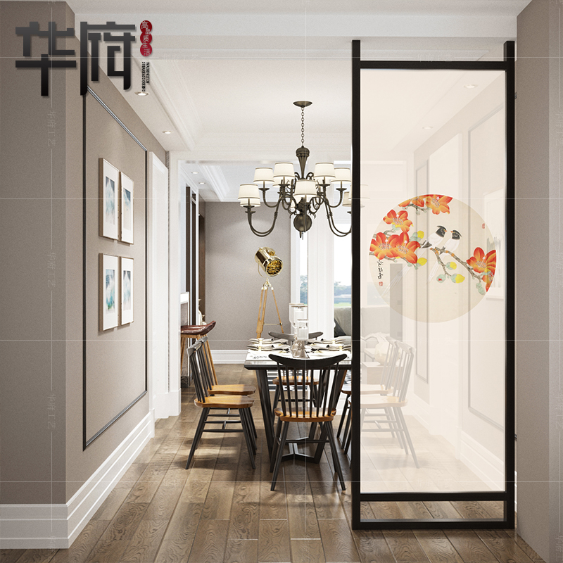 Simple modern screen partition living room bedroom fabric porch translucent solid wood new Chinese seat screen double-sided flowers and birds