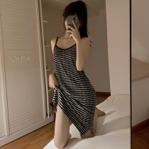 Suspender nightgown for women summer pure cotton 2022 new sexy internet celebrity pure lust style black striped pajama dress summer style
