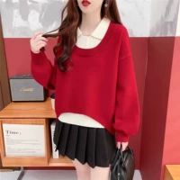 Красный свитер, демисезонный трикотажный модный комплект, оверсайз, в западном стиле, увеличенная толщина