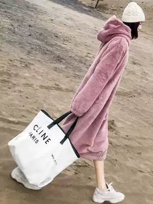 2021 new autumn and winter hooded plus velvet thickened medium and long version warm windproof lamb wool plush sweater coat women