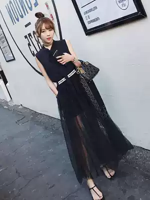 Hong Kong style set women's retro chic2021 new summer can salt sweet black chiffon jumpsuit two-piece suit