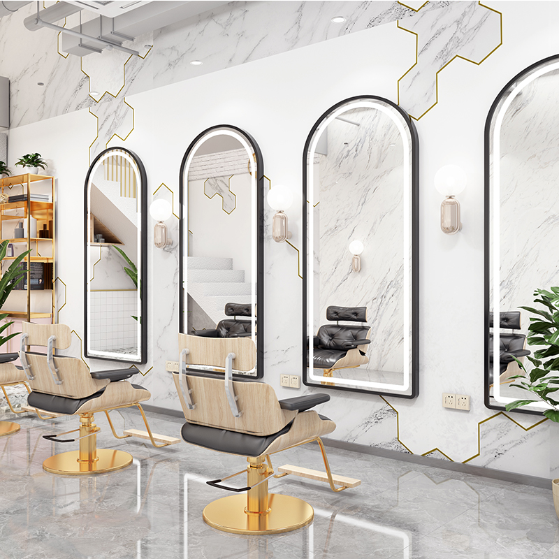 Beauty Hair Shop Mirror Desk Dressing Shop Mirror Hair Salon Private Network Red Ribbon Lamp Wall-mounted Beauty Hairdressing Haircut Mirror