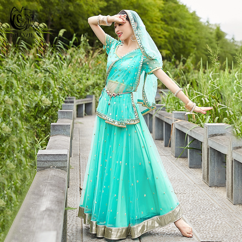Iman Exotic Indian Dance Costume Ethnic Style Women's Dance Outfit Saree Top Flared Skirt Lehenga Set