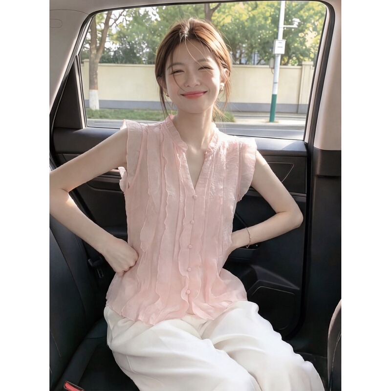Pink Sleeveless Ice Silk Cotton and Linen Vest for Women, Summer Short Style, Single Wear, Gentle Style, Sweet Shirt Top