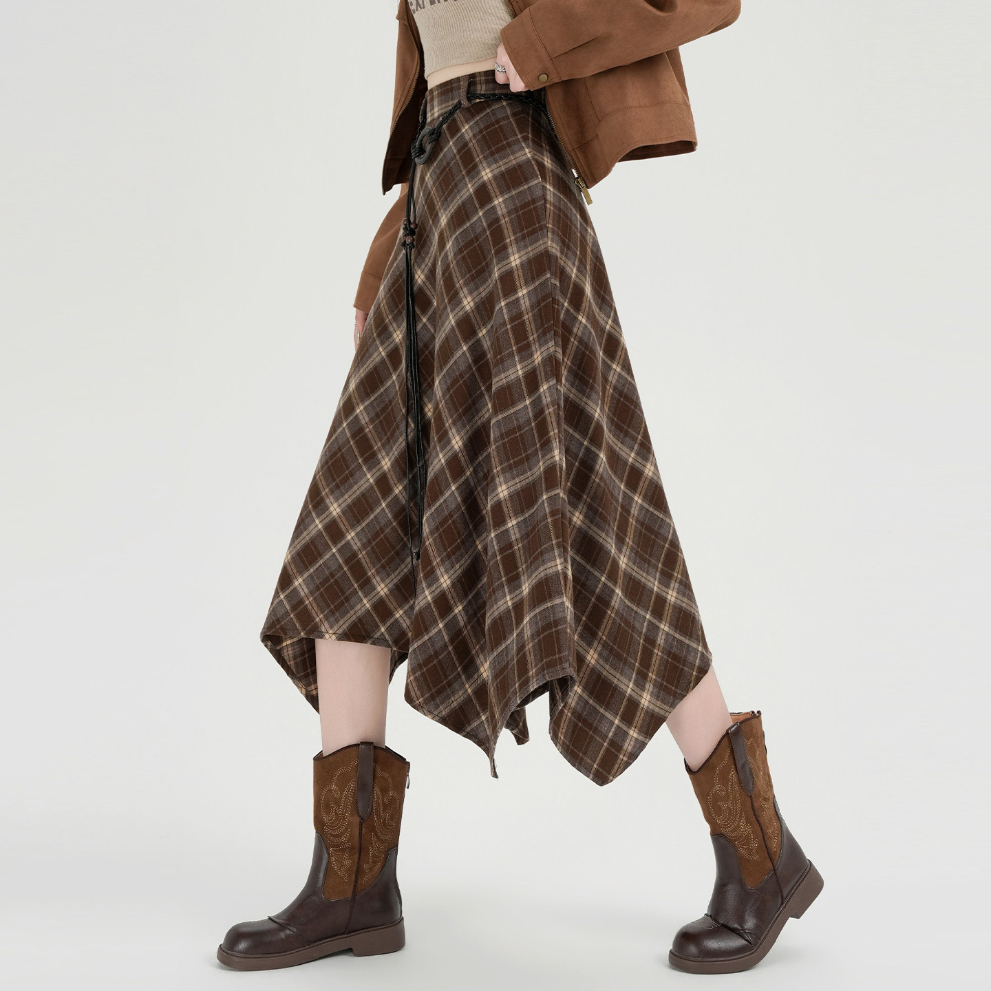 Petite women's A-line irregular plaid midi skirt, new autumn style, retro brown plaid, knee-length.