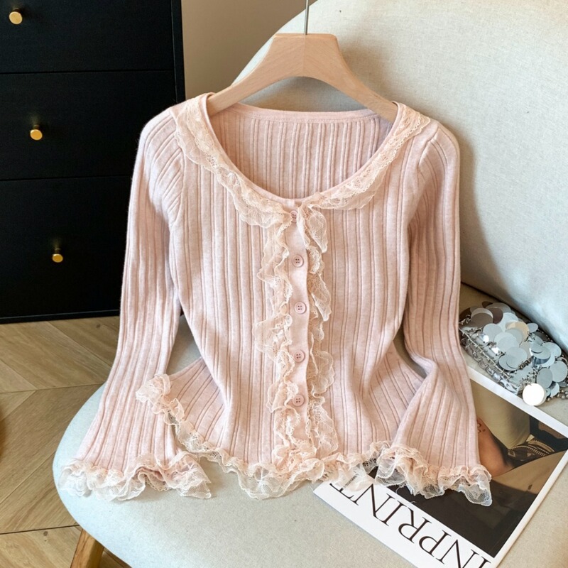 Pink Lace Spliced Slim-Fit Knit Top for Women, New Autumn and Winter Style, Long-Sleeved, Stunning and Beautiful Blouse