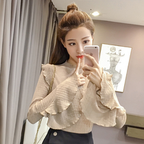 2021 Autumn New flared sleeve pullover long sleeve chiffon shirt blouse belly cover doll base shirt